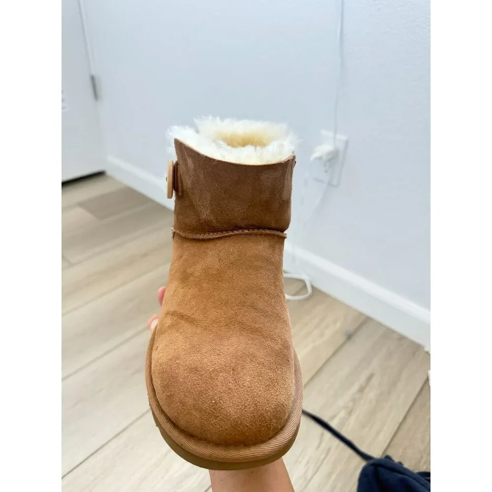 UGG Women's Mini Bailey Button II Chestnut Suede Shearling Boots
